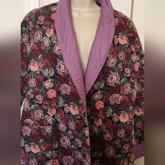 Home Made Repurposed Quilt Quilted Long Jacket Coat Floral Purple Trim Large - Picture 5 of 7